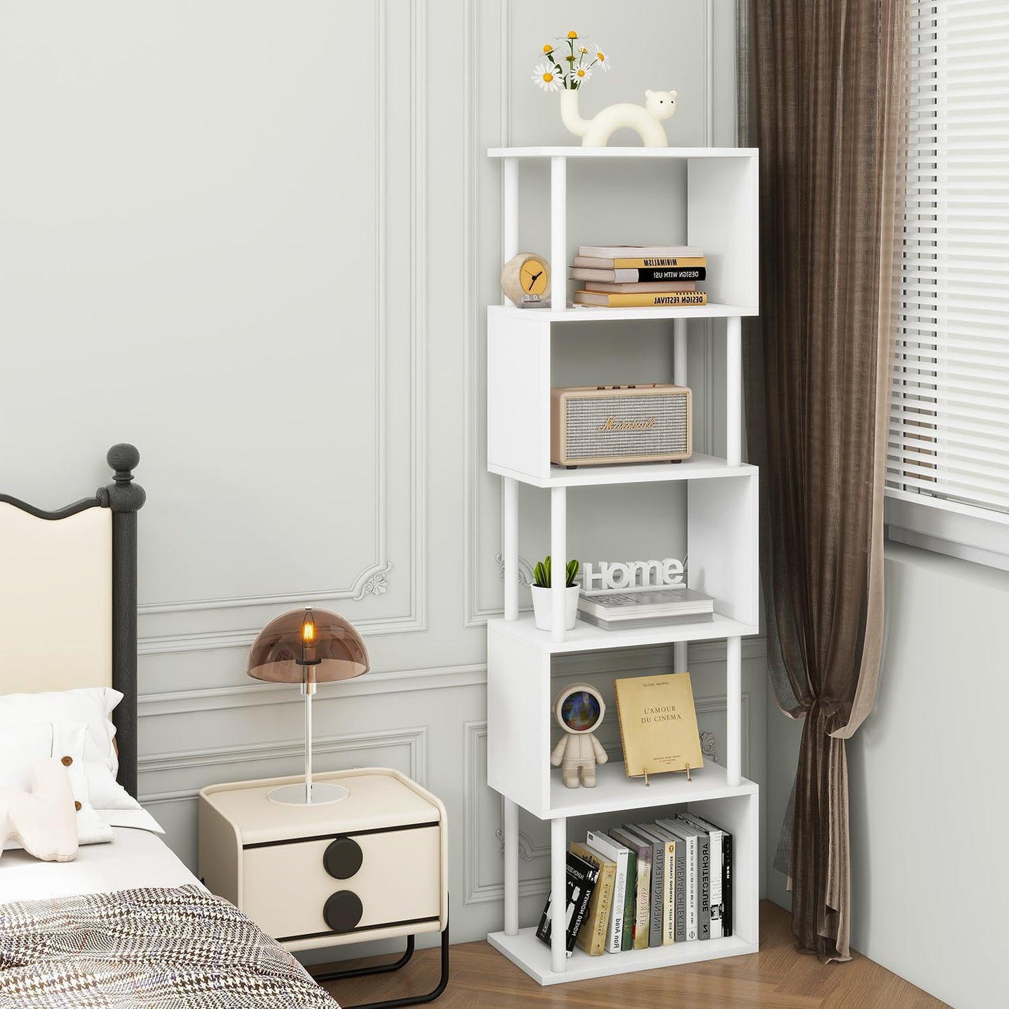 IBUYKE 6-Tier Tall Bookshelf,S-Shaped Geometric Bookcase, Wood Display Shelves with Storage,Modern Bookshelf for Living Room Bedroom, Home Office, White WBC016W