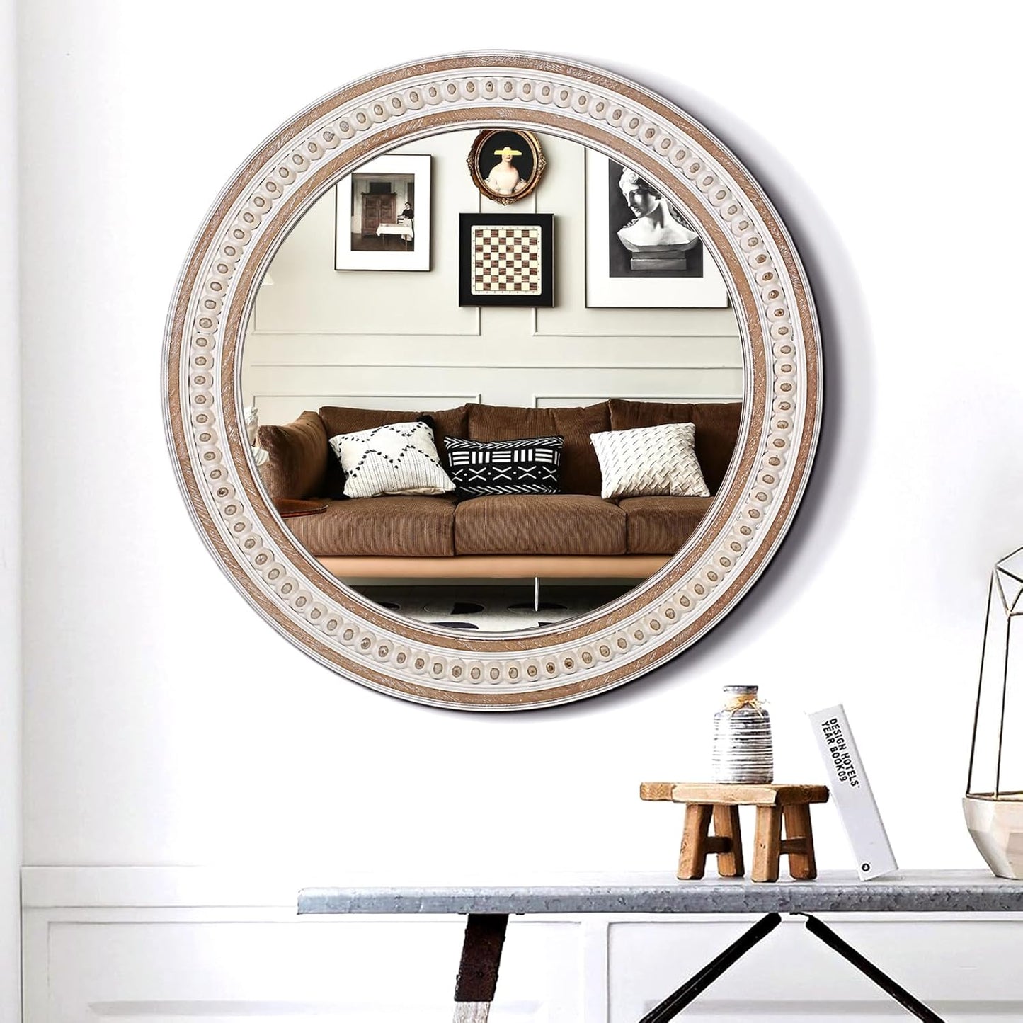 32'' Boho Wooden Large Round Wall Mirrors, Rustic Farmhouse Circle Mirrors Decorative Mirrors for Bathroom, Bedroom Over Sink, Living Room, Entryway