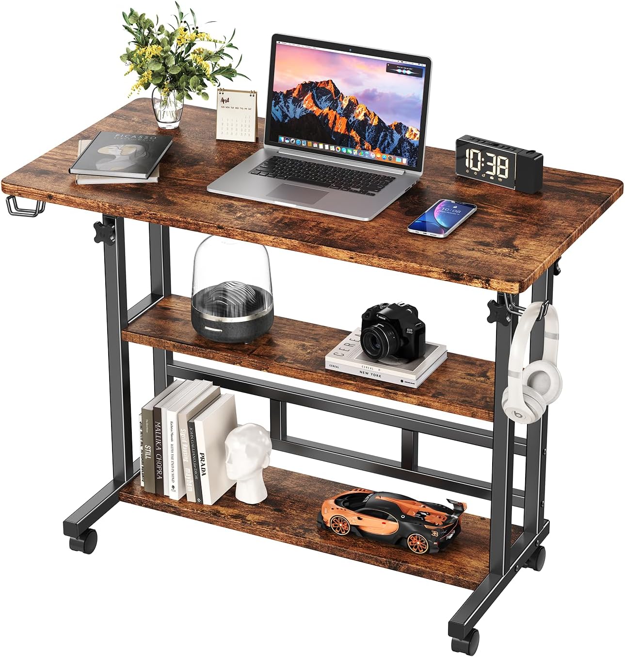 Adjustable Height Standing Desk, Rolling Stand Up Desk with Storage Shelves, 31.5" Small Mobile Computer Desk, Portable Laptop Table (Simple Brown)