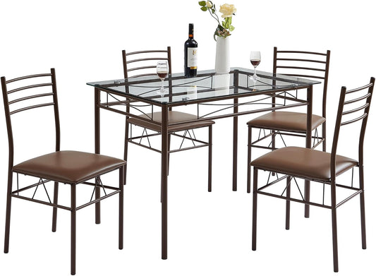 VECELO Kitchen Dining Room Table and Chairs [4 Placemats Included] 5-Piece Dinette Sets, Space Saving (Brown)