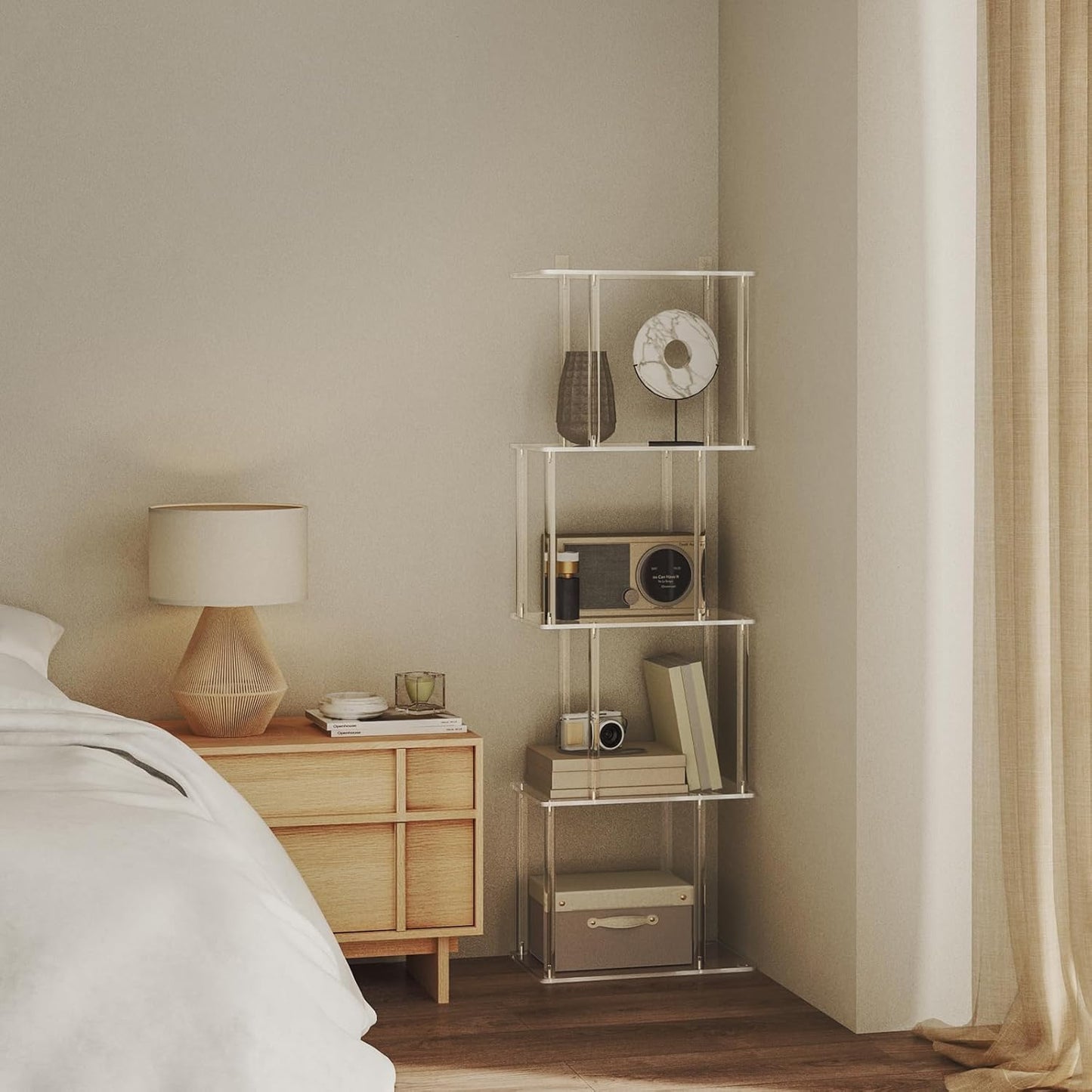 Acrylic Geometric Bookshelf for Small Spaces, 5-Tier Clear S Shaped Bookcase, Modern Open Book Shelf for Living Room, Bedroom, Office, 9.3" D x 15.6" W x 48.8" H, Easy Assembly