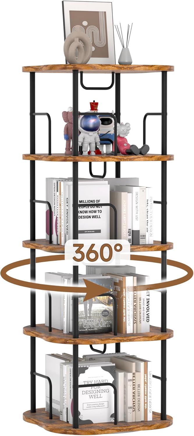 4-Tier Rotating Book Shelf, 360° Display Spinning Bookshelf Tower, Book Organizer, Floor Standing Bookcases for Small Space, Corner Book Shelf for Bedroom, Living Room, Study Room (RUSTIC BROWN)