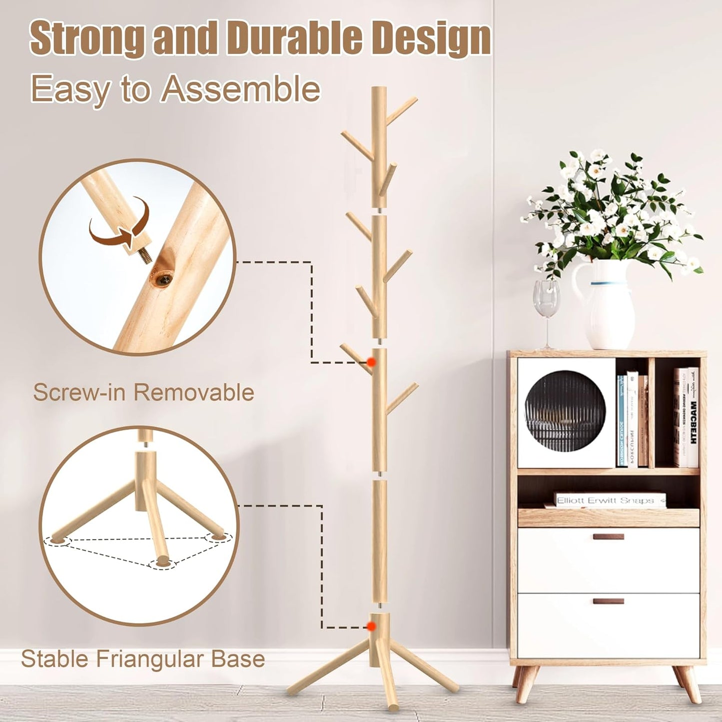 Wooden Coat Rack Stand, Freestanding Coat Rack with 8 Hooks, 3 Adjustable Size Coat Tree for Hats, Coats, Scarves bags, Coat Hanger Stand Used in Bedroom/Office/Entryway (Natural)