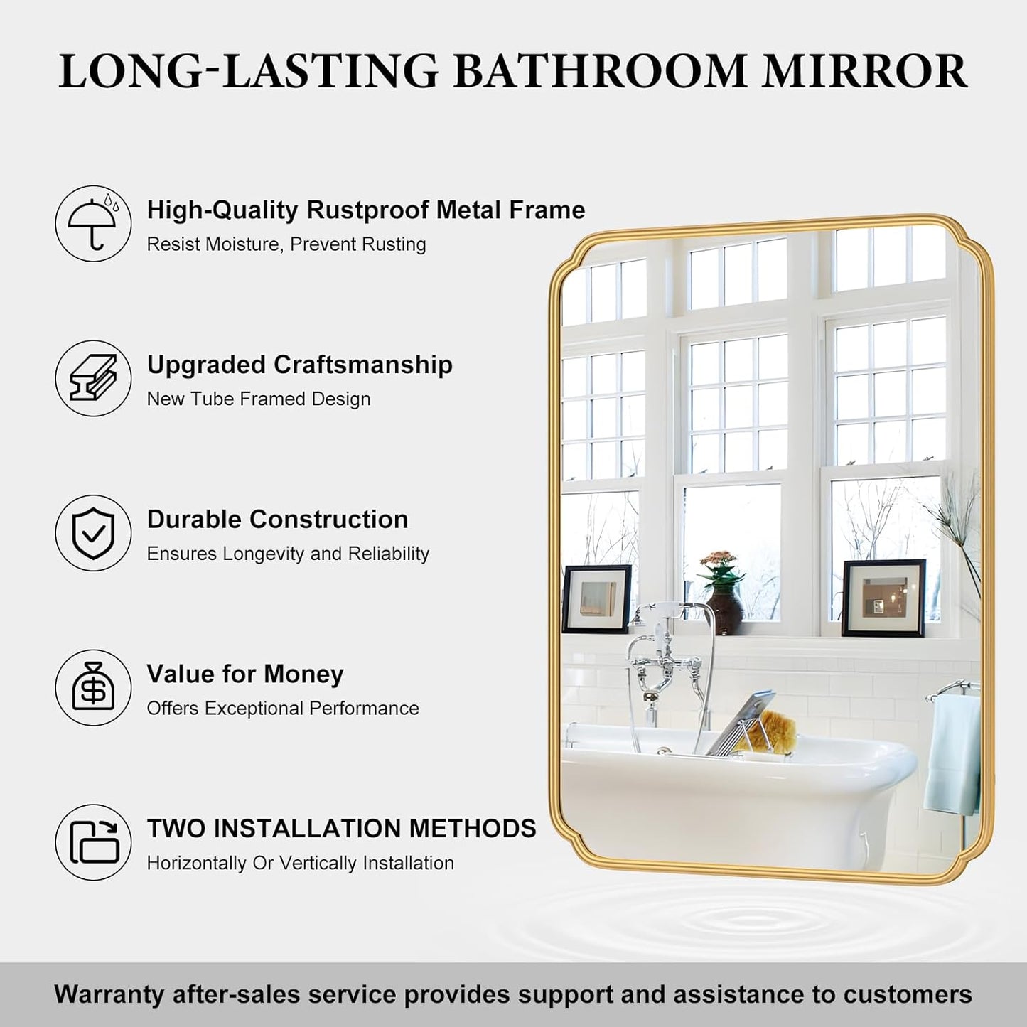 36 x 48 Inch Gold Bathroom Vanity Mirror for Wall with Non-Rusting Metal Frame Large Rounded Rectangle Mirror for Over Sink (Horizontal/Vertical)