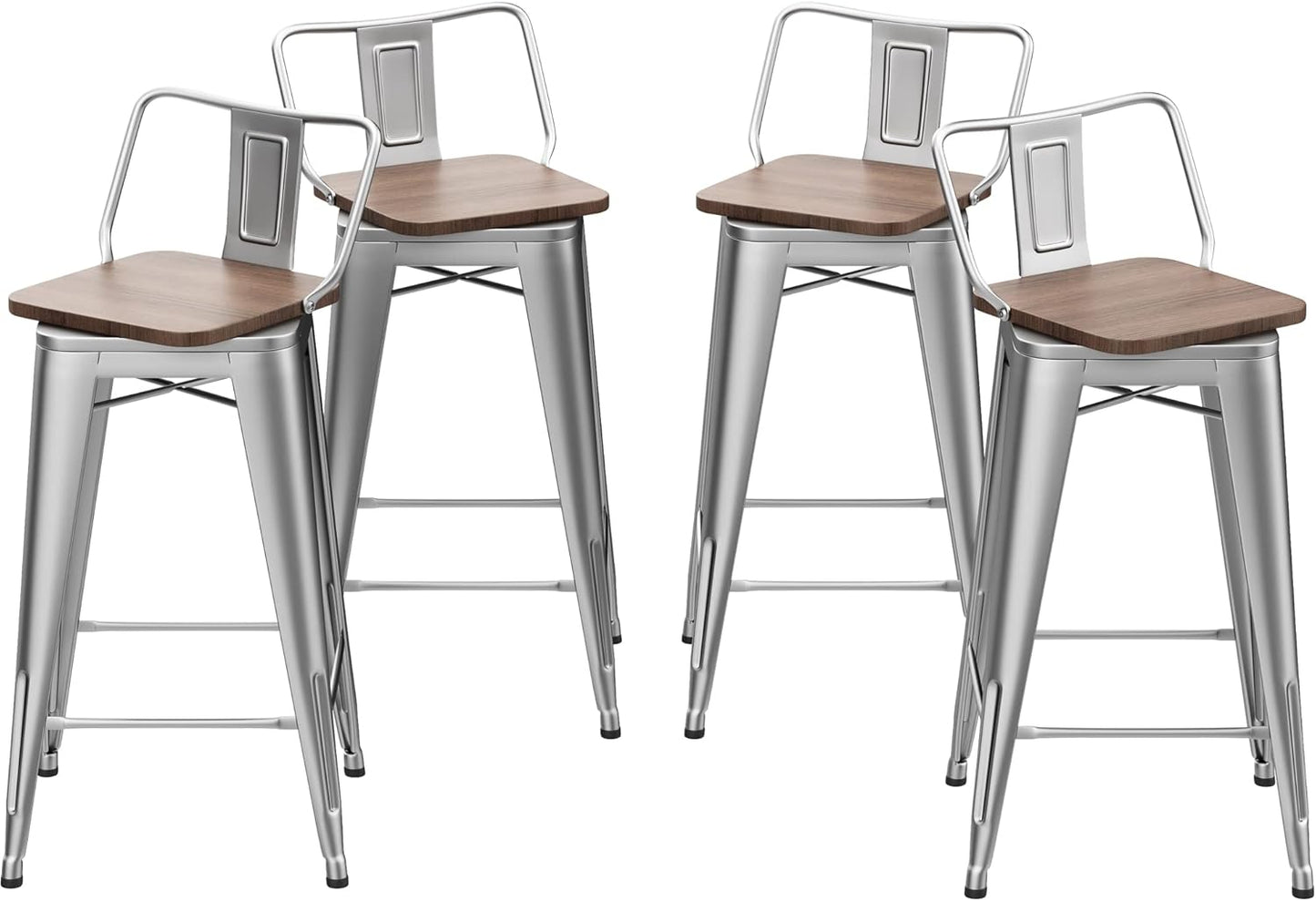 30 Inch Swivel Bar Stools Set of 4 with Backs Counter Height Industrial Metal Barstools Island Bar Chairs for Home Kitchen Dining Room (Swivel 30 inch, Silver Wooden)