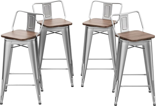 30 Inch Swivel Bar Stools Set of 4 with Backs Counter Height Industrial Metal Barstools Island Bar Chairs for Home Kitchen Dining Room (Swivel 30 inch, Silver Wooden)