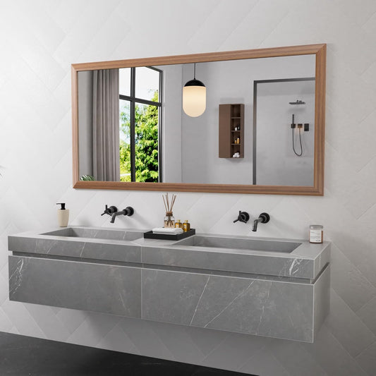 Amorho 72 X36 Inch Bathroom Mirror for Wall, Walnut Wood Grain Metal Framed, Anti-Rust, Hang Horizontally/Vertically, Suitable for Bedroom, Farmhouse, Bathroom, Decorative