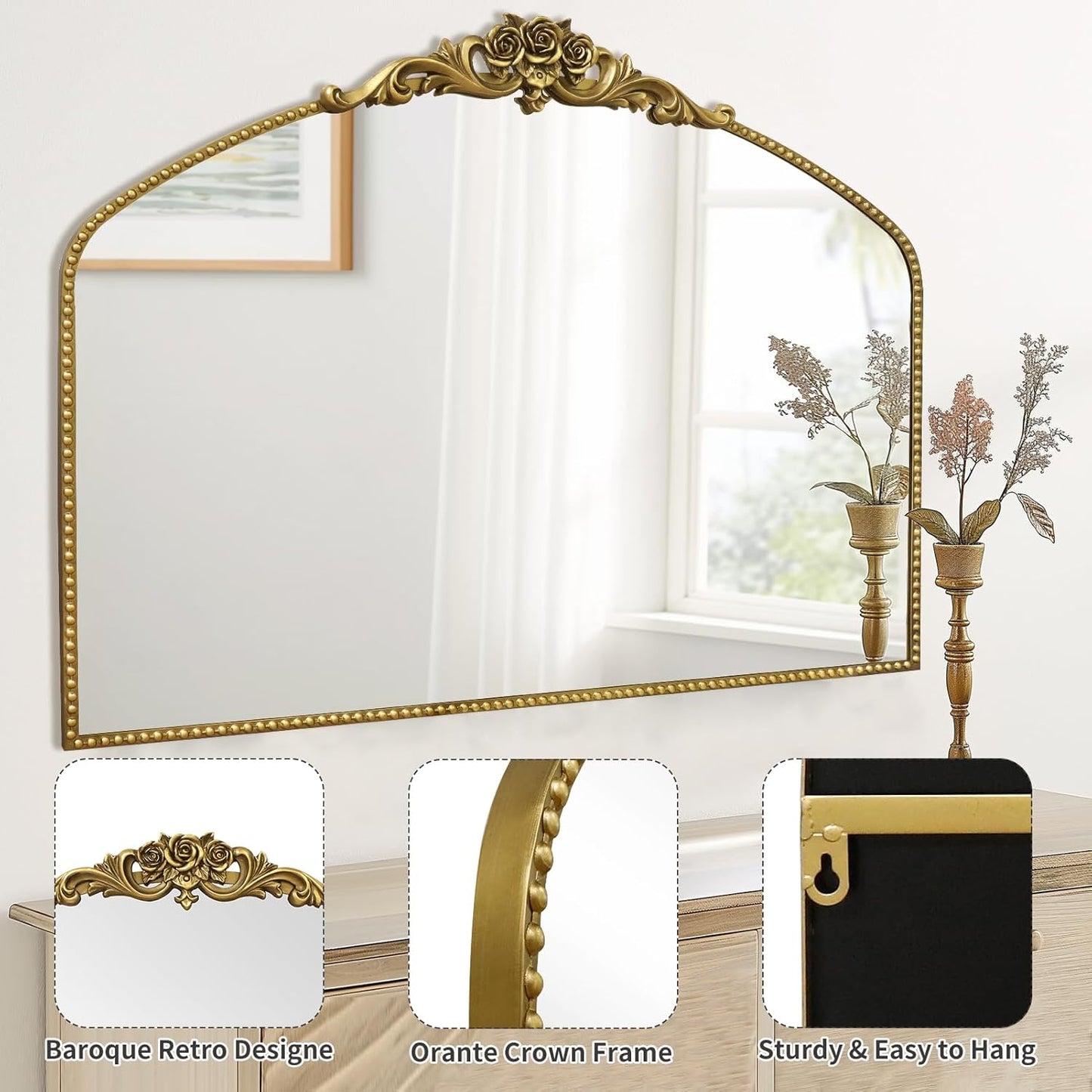 AIXI HOME Vintage Gold Arched Mirror 40"X30", Antique Baroque Mantel Mirror with Ornate Metal Frame, Victorian Dress Wall Mirror for Entryway/Fireplace/Living Room/Hallway/Bathroom/Bedroom