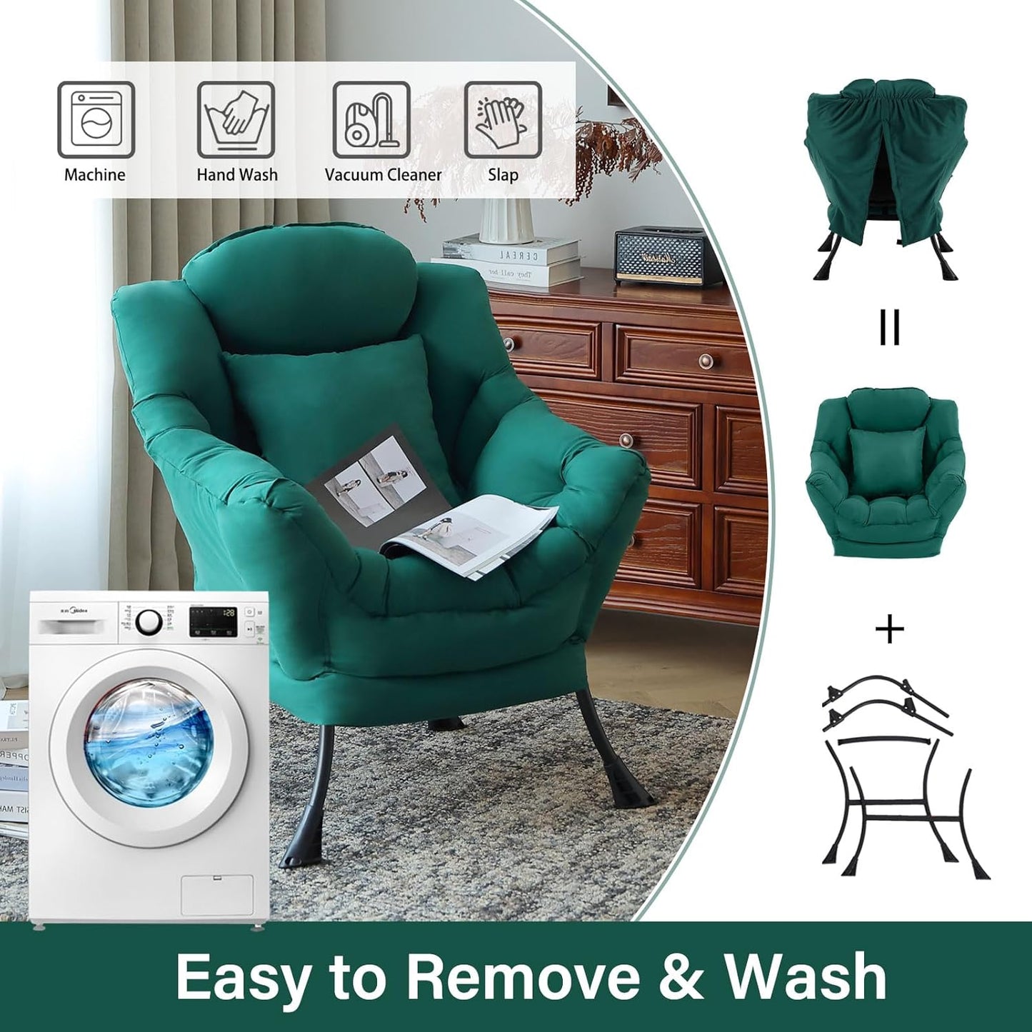 Lazy Chair with Pillow for Living Room, Modern Lounge Accent Chair with Armrests and a Throw Pillow, Leisure Sofa Chair Set, Reading Chair for Bedroom, Dorm Room, Office, Dark Green