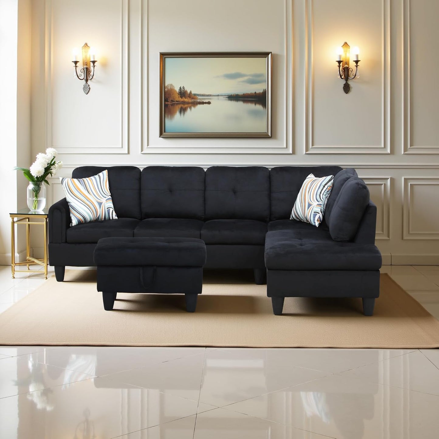 Couches for Living Room Modern L Shaped Couch Comfy Flannel Fabric 3 Pieces Sectional Sofa with Chaise, Ottoman with Storage for Office and Small Apartment, Black