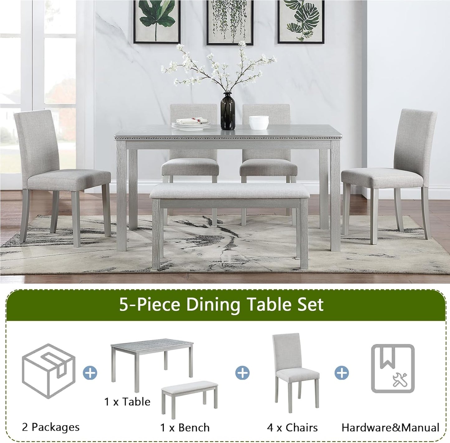 Ball & Cast 6 Piece Dining Table Set,Kitchen Table Set for 6 W/ 58.5" Rectangular Wooden Dining Table,Living Room Furniture W/ 4 Upholstered Chairs & 1 Bench,for Dining Room,Kitchen,Silver Grey