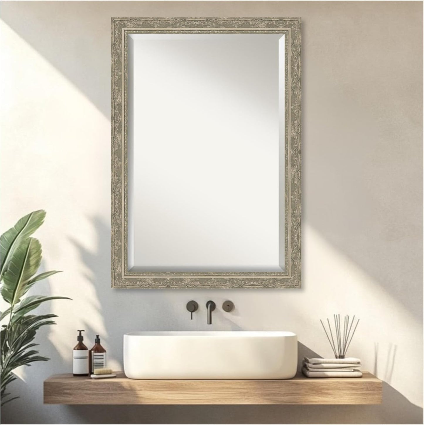 Amanti Art Bathroom Mirror for Over Sink, 29x41 Filigree Silver Rectangle Vanity Mirror, Large Traditional Frame, Hangs Horizonally and Vertically, Bathroom Wall Decor, Beveled Edge