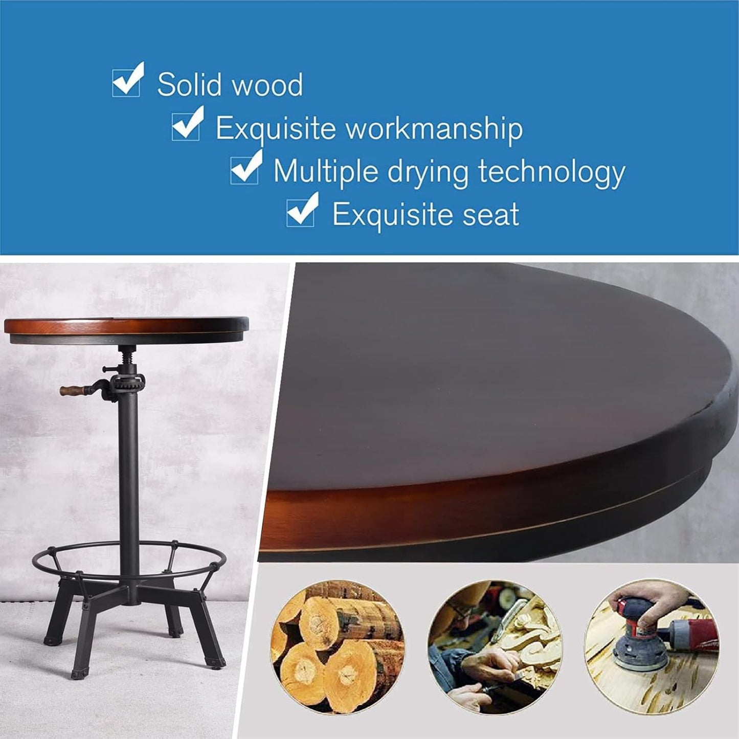 LOKKHAN Industrial Bar Table-33.5-39.4 Inch Tall-Adjustable Bar Height Pub Table-23.7 Inch Swivel Round Wood Top Metal Base-Easily Adjusts by Crank Handle