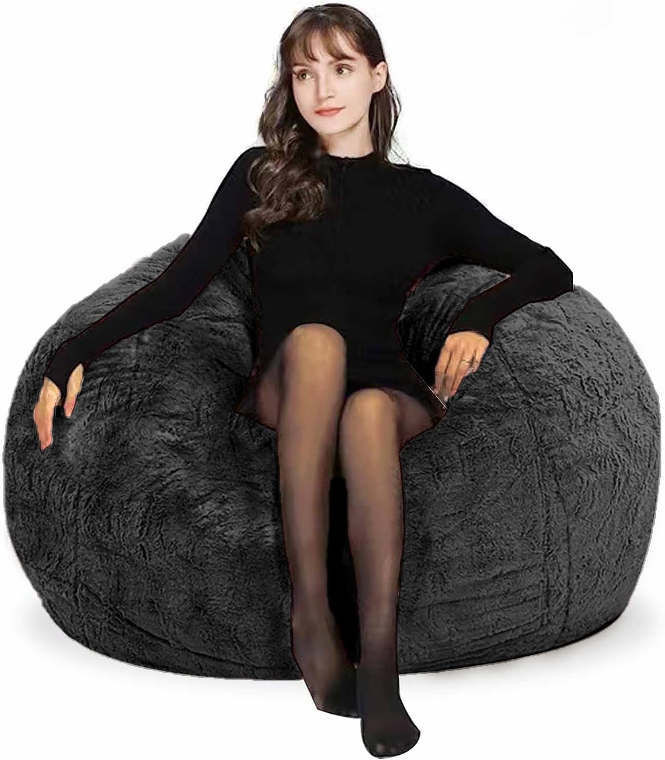 Bean Bag Chair for Adults Kids Without Filling Comfy Fluffy Round Beanbag Couch Lazy Sofa Cover for Reading Chair Floor Chair, 3.5FT, Dark Grey