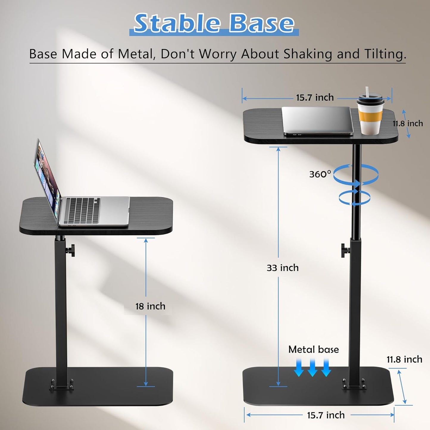 Side Table Sofa Tray for Couch Heavy Metal Base Swivel/Adjustable Height, Sofa Bed Bathroom Study TV Tray C Shaped End Table Food Snack Trays for Eating