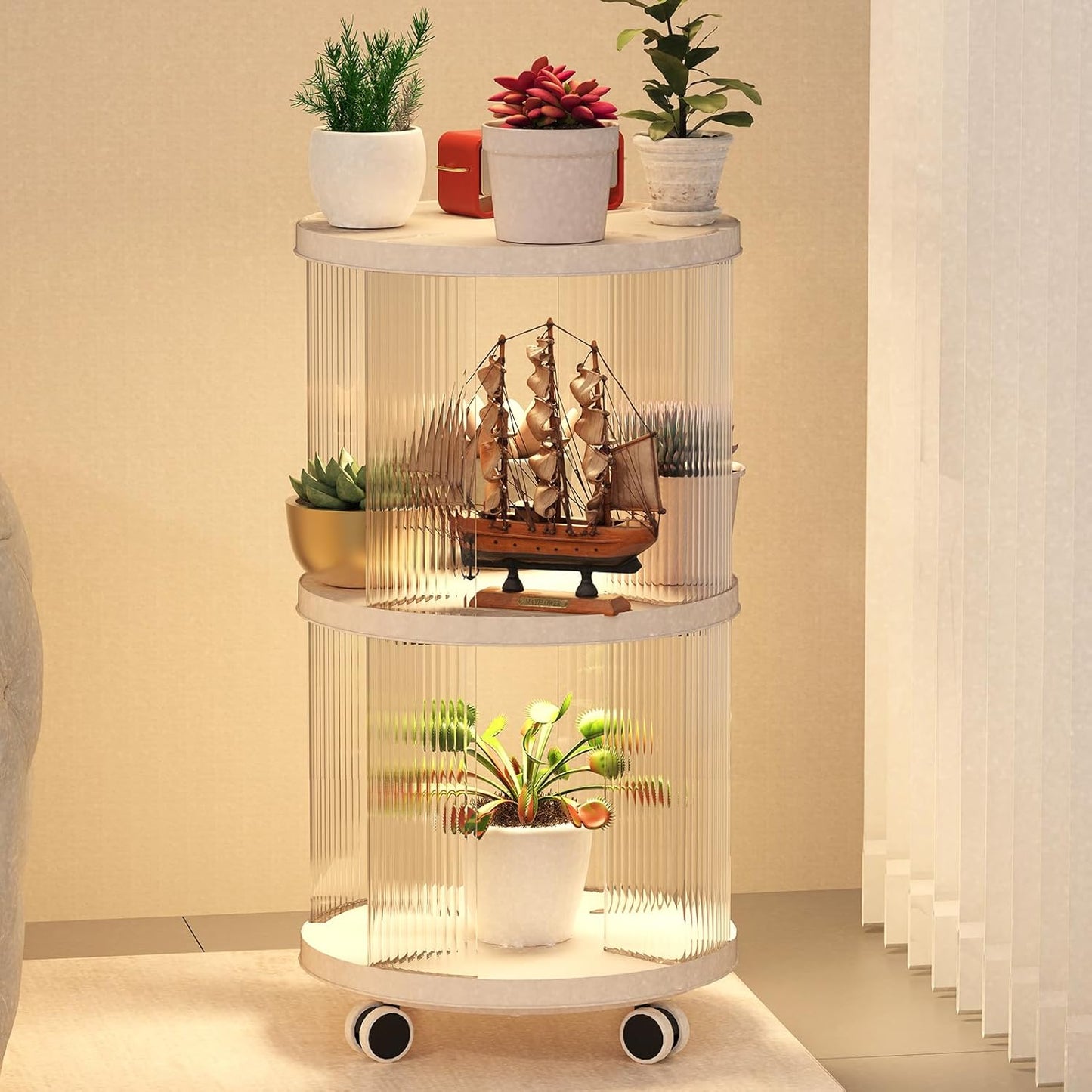 Rotating Bookshelf, 360°Display Spinning Bookshelf, 2 Tiers Moveable White Small Mobile Corner Bookcase Suitable for Bedrooms, Living Looms, Offices, and Study Rooms