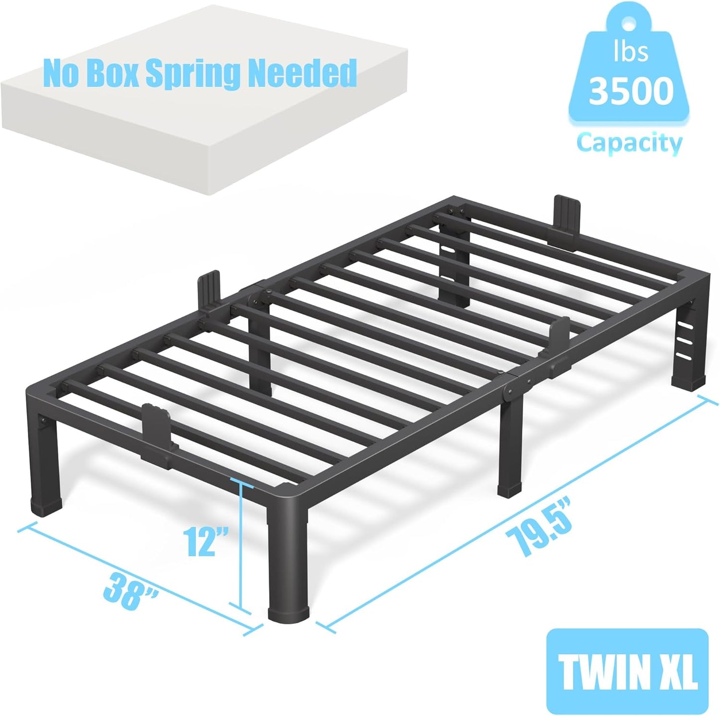 FUIOBYVV 12 Inch Twin XL Bed Frame with Rounded Corner and Headboard Hole Mattress Retainers 3500 LBS Metal Heavy Duty Steel Slats Support No Box Spring Needed Platform Noise Free Easy Assembly