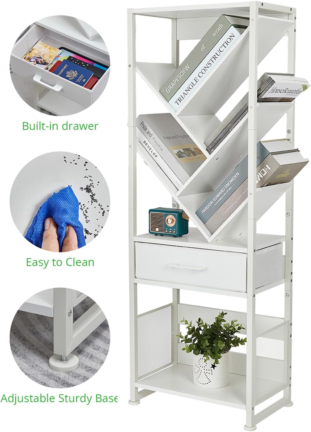 Bookshelf with Drawer,8 Tier Tree Bookcase Retro Floor Standing Bookshelves,Tall Wood Bookcases with Cabinet Storage Organizer for Living Room, Bedroom & Home Office, White