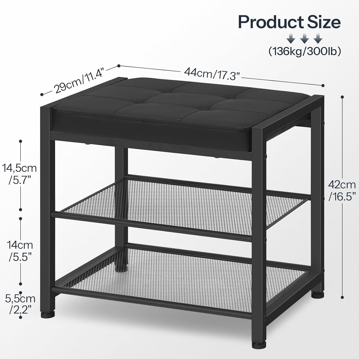 HOOBRO Small Shoe Bench, 3-Tier Shoe Rack, Shoe Storage Bench with PU Seat Cushion, Entryway Shoe Rack Bench with Metal Mesh Shelves, Freestanding Shoe Organizer for Hallway, Black BB33HX01