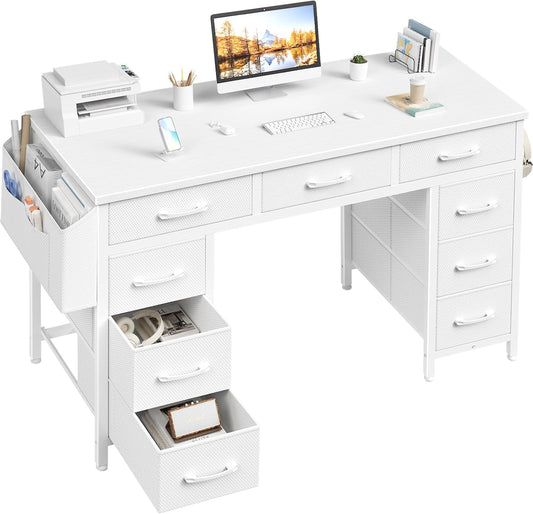 Lufeiya 47 Inch Computer Desk with 9 Drawers, Office Desk Work Desk for Home Office, Study, Writing, Vanity Desk with Fabric Drawers on Both Sides, Large Storage, White