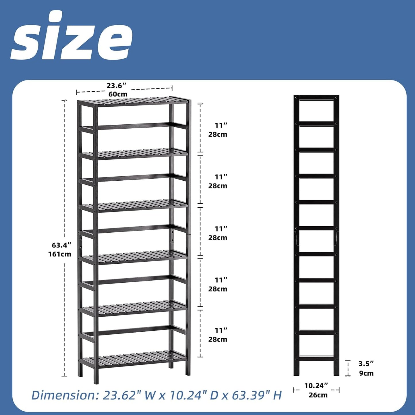 HITNET Bamboo Bookshelf, 6-Tier Tall Open Bookcase with Adjustable Shelves, Floor Standing Storage Shelf Unit for Living Room Bathroom Home Office, Black