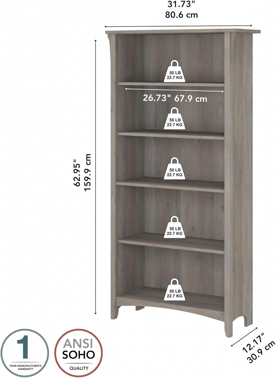 Bush Furniture Salinas 5 Shelf Bookcase in Driftwood Gray, Tall Bookshelf, Large Book Shelf for Living Room, Home Office, or Entryway