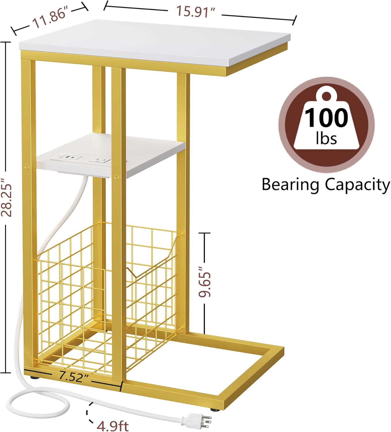 Vagusicc C Shaped End Table with Charging Station, Side Table for Couch, Small Side End Table for Small Spaces, 28" High Slide Under Sofa Table for Coffee, Tv Tray Table for Living Room, Golden