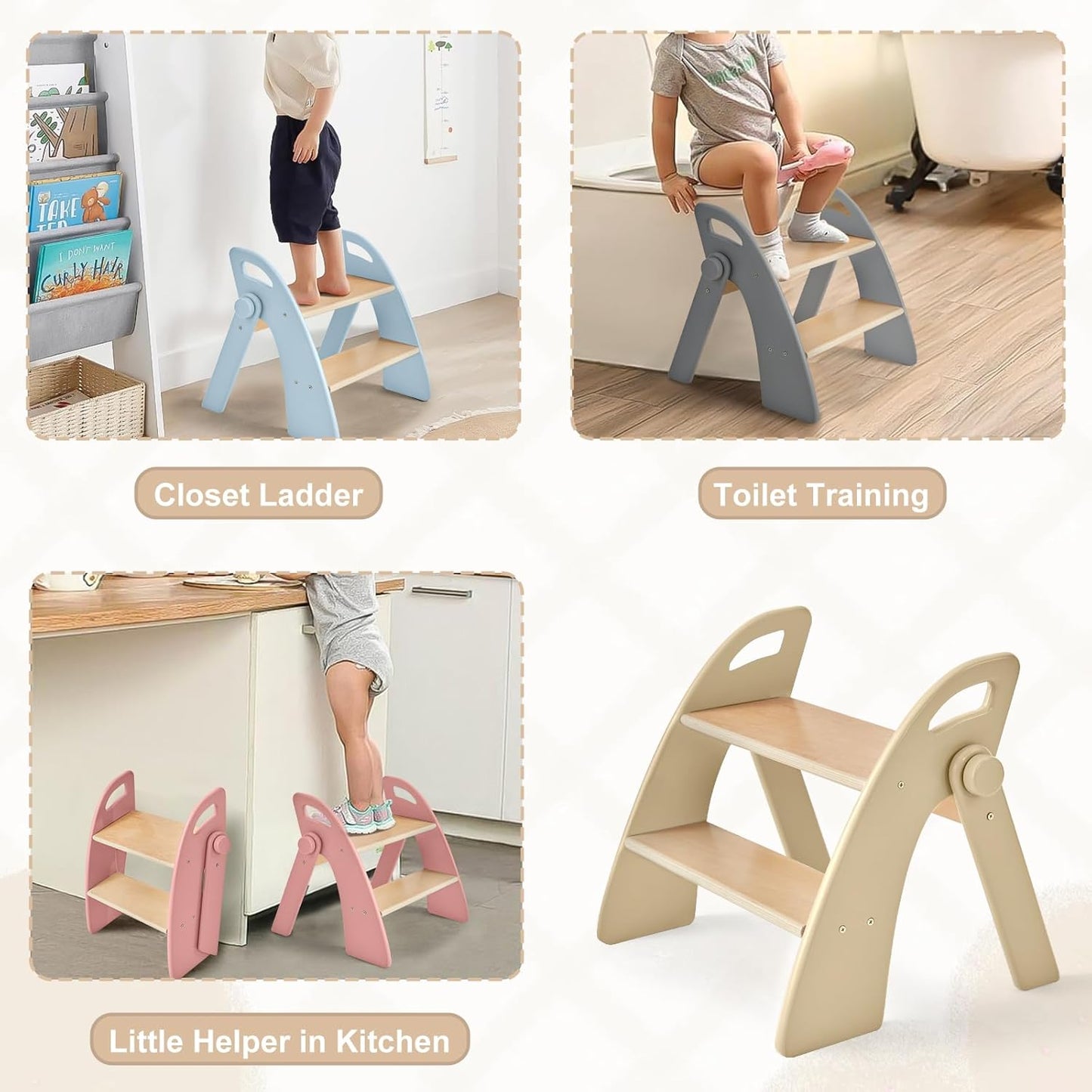 Wooden 2 Step Stool for Kids Bathroom Sink Foldable Anti-Slip 2-Step for Toilet Potty Training, Child Stepping Stool for Kitchen Nursery Bedroom, Sturdy Non Slip Adult Stool for Closet