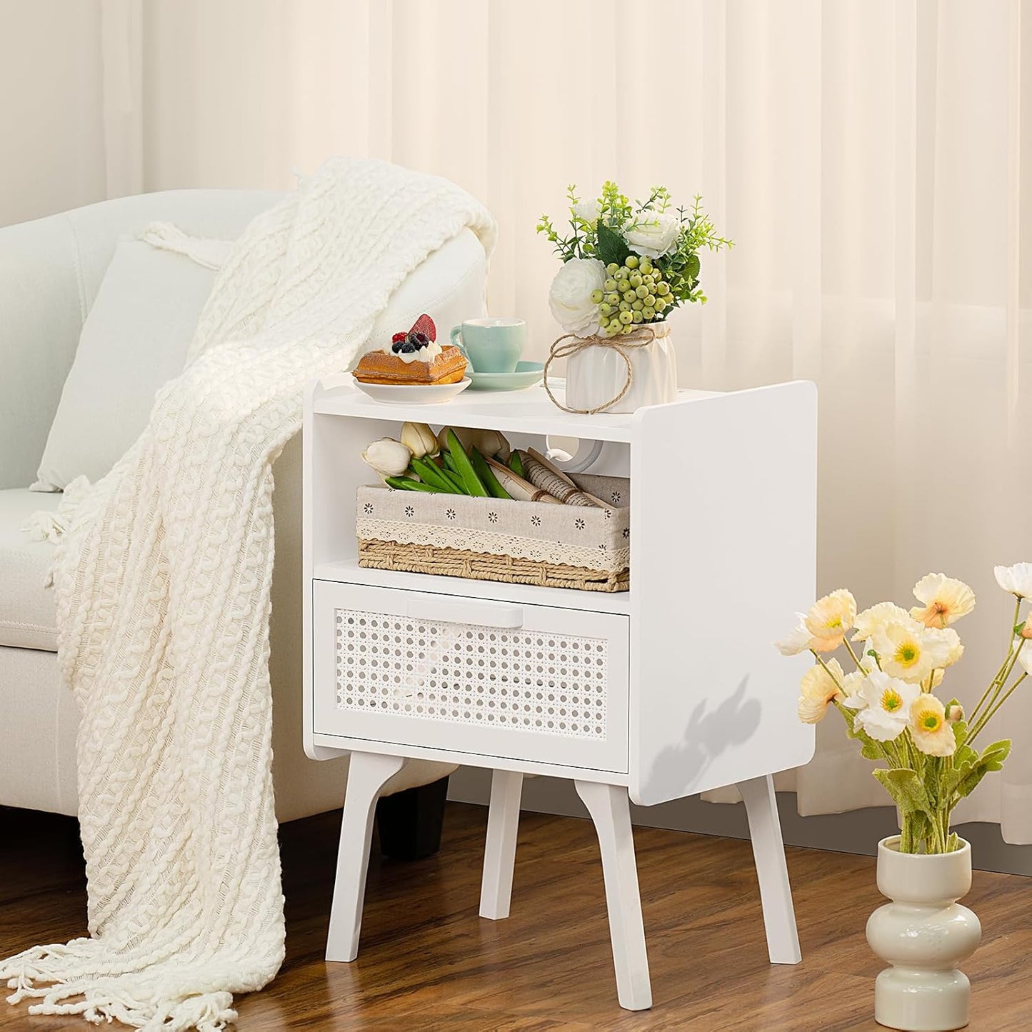 Lerliuo Rattan Nightstands set of 2 with Charging Station, Side Table with Drawer Open Shelf, Cane Accent Bedside End Table with Solid Wood Legs, Night Stand for Bedroom, Dorm and Small Spaces (White)