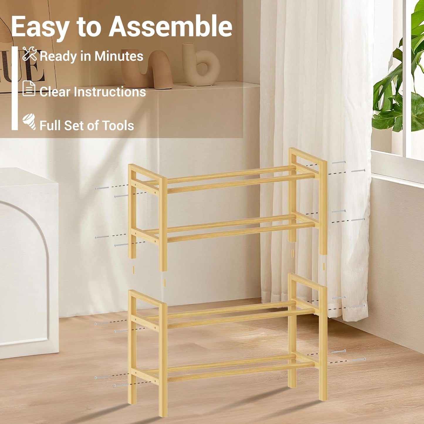 Haddockway Bamboo Shoe Rack for Closet, Free Standing Shoe Organizer with Smooth Round Rods & Convenient Handles, Stackable Shoe Storage Shelf for Entryway, Hallway(Natural, 4-Tier(Small))