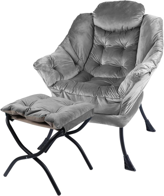 Lazy Chair with Folding Ottoman,Living Room Chairs, Accent Contemporary Lounge Chair, Single Steel Frame Leisure Sofa Chair with Armrests and A Side Pocket (DL22GRAY)