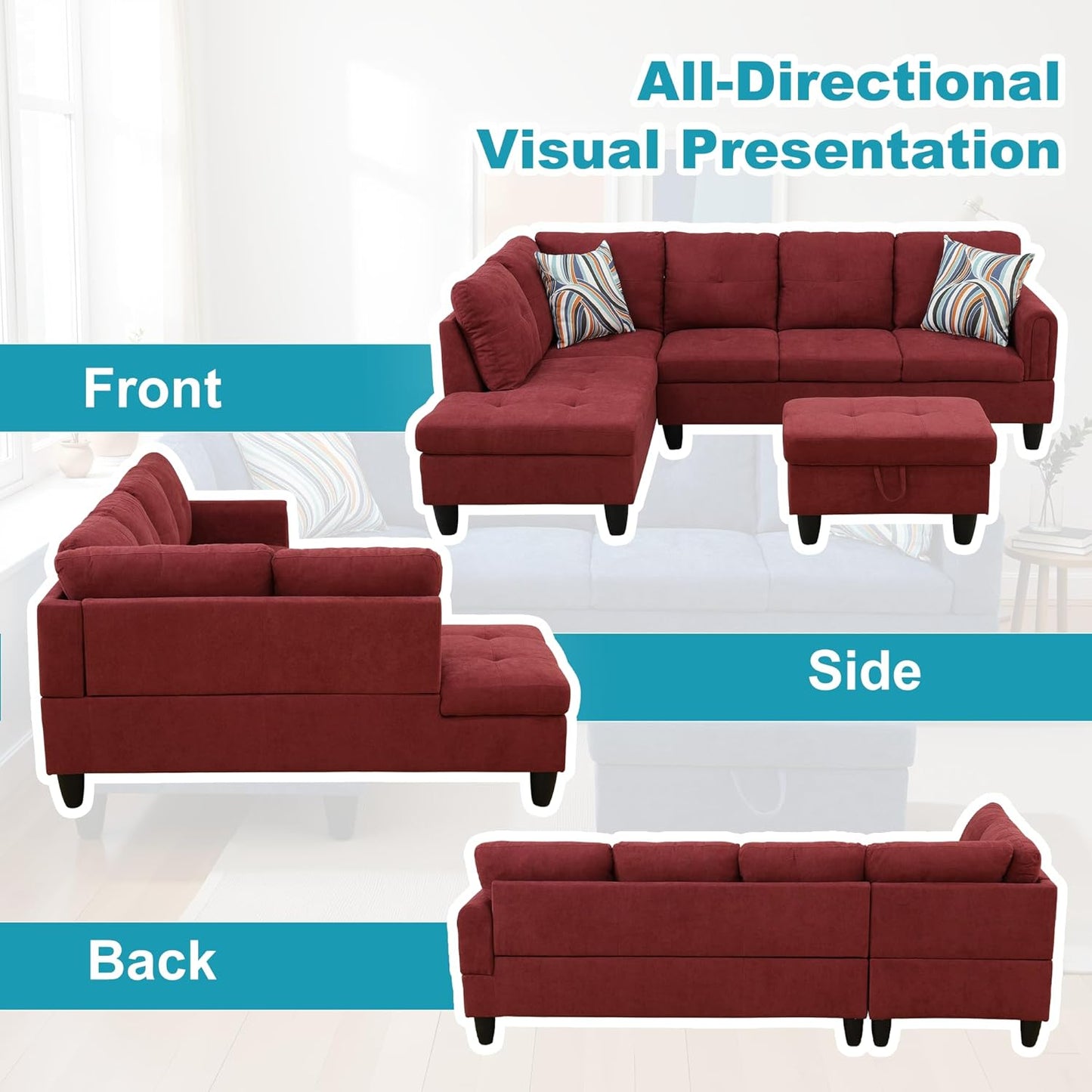 L Shaped Couch Modern Sectional Couch Upholstered Fluffy Fabric 3 Pieces Sofas for Living Room with Chaise, Storage Ottoman for Office and Small Apartment, Red