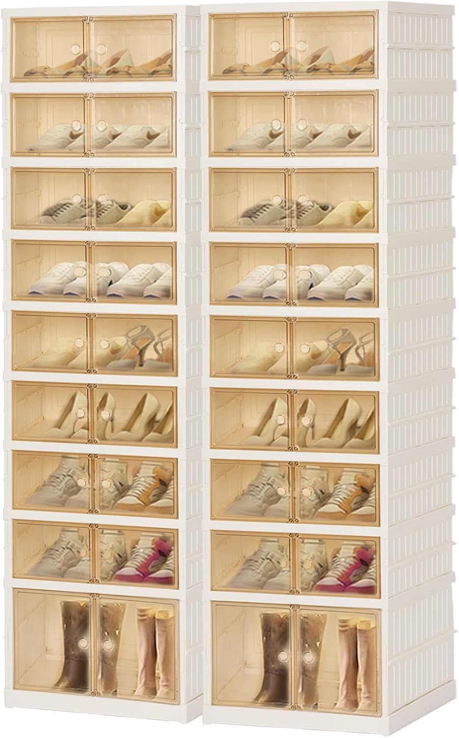 Foldable Shoe Organizer Storage Box, Portable Extra Large Folding Shoe Rack for Closet, Shoe Storage Box with Magnetic Transparent Door and Wheels, 9 Layers 18 Grids with 2 Big Grids for 2 PCS