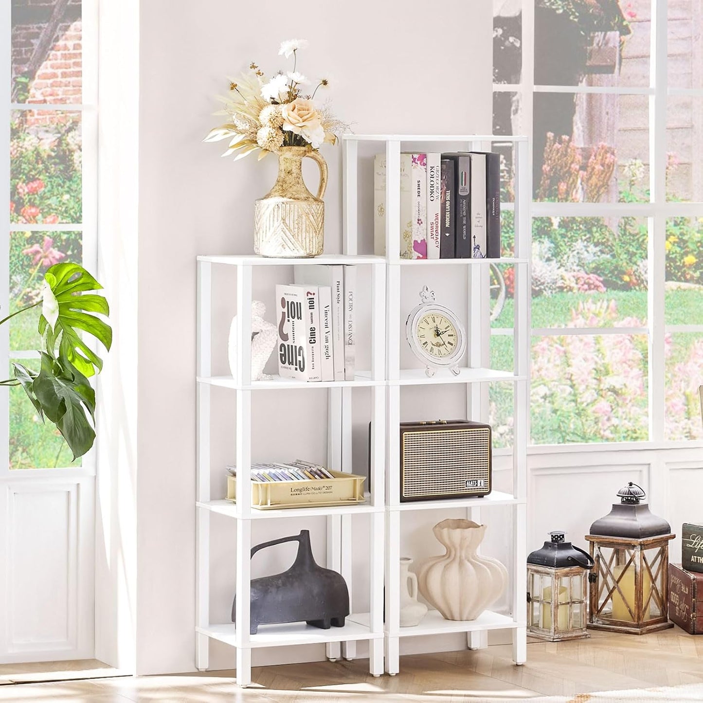 4 Tier Tall Wooden Bookshelf with Storage - Small White Bookcase for Small Spaces, Shelf for Living Room, Office, Bedroom, Kitchen - Industrial Modern Book Shelf