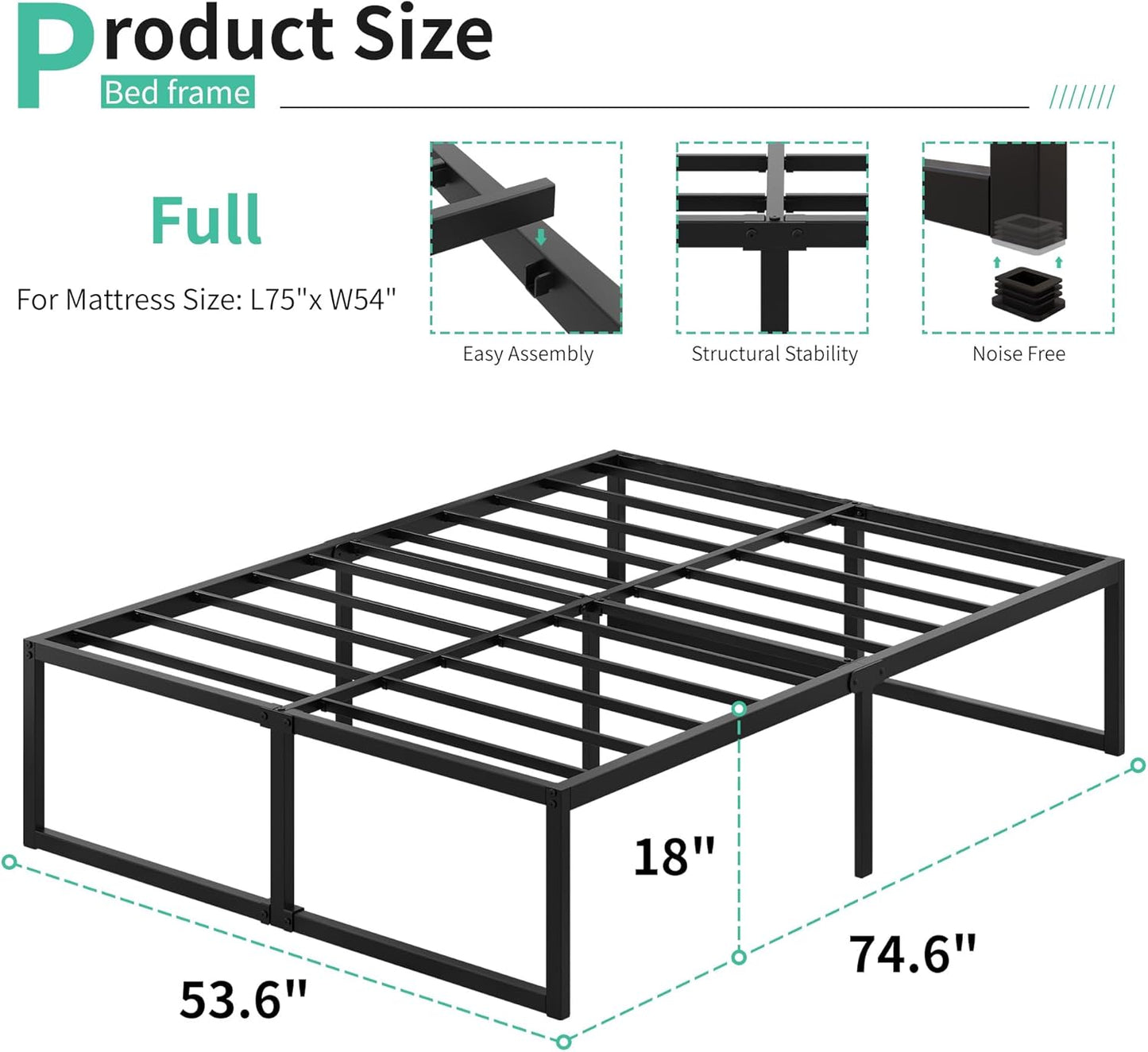 18 Inch Full Bed Frame No Box Spring Needed, Heavy Duty Metal Platform Beds with Sturdy Steal Slats for Mattress Foundation, Easy Assembly, Noise Free, Black