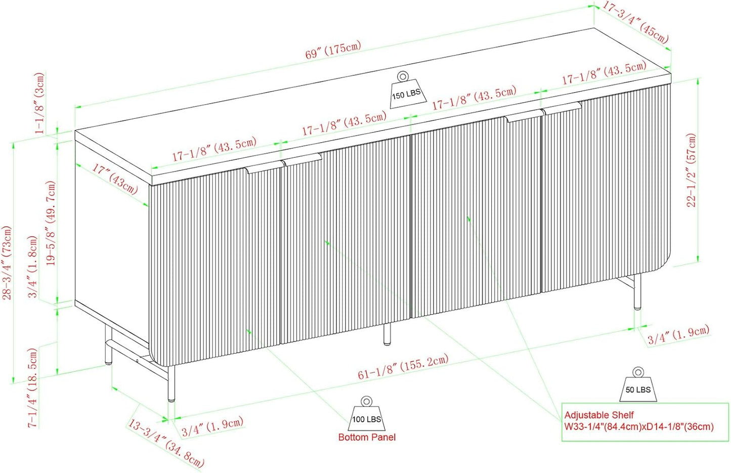 Walker Edison Reema Fluted 4-Door Kitchen Sideboard Buffet Console, 69 Inch, Gold,dark Walnut