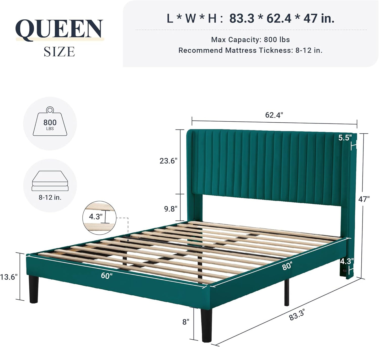 Allewie Queen Size Bed Frame/Velvet Upholstered Platform Bed/Vertical Channel Tufted Wingback Headboard/Strong Wooden Slats/No Box Spring Needed/Easy Assembly/Teal