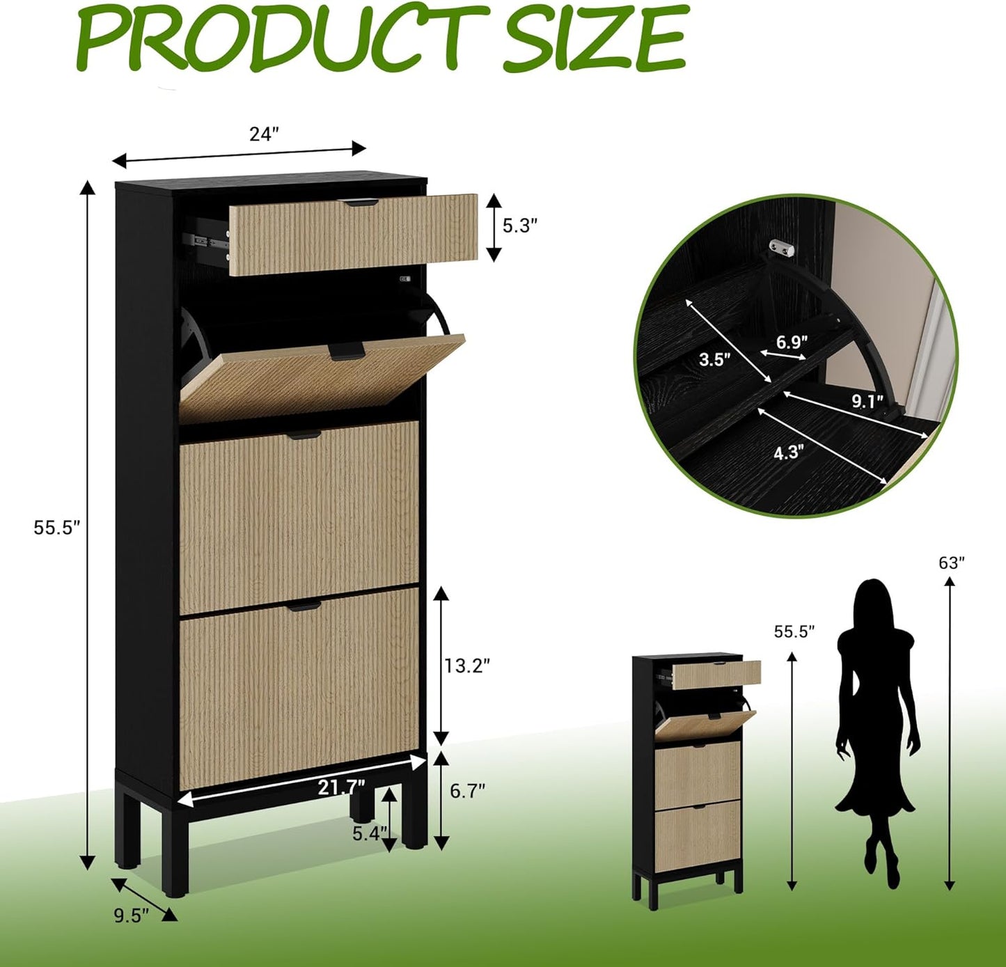 GarveeHome Shoe Cabinet with 3 Flip Doors & 1 Drawer, Entrance Wooden Shoe Rack with Iron Legs, Slim Shoe Storage Cabinet, Modern Fluted Shoe Organizer for Entryway Hallway, Black+Oak