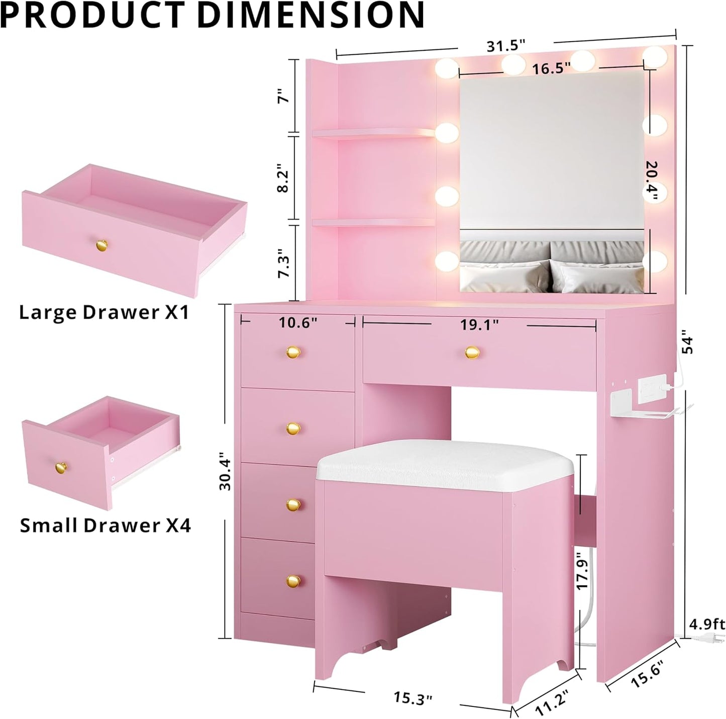 IRONCK Vanity Desk with Mirror and Lights, Small Makeup Vanity Table with 5 Drawers, Power Outlet, and Vanity Stool, 3 Lighting Colors, Dressing Table for Women Girls Bedroom, Pink