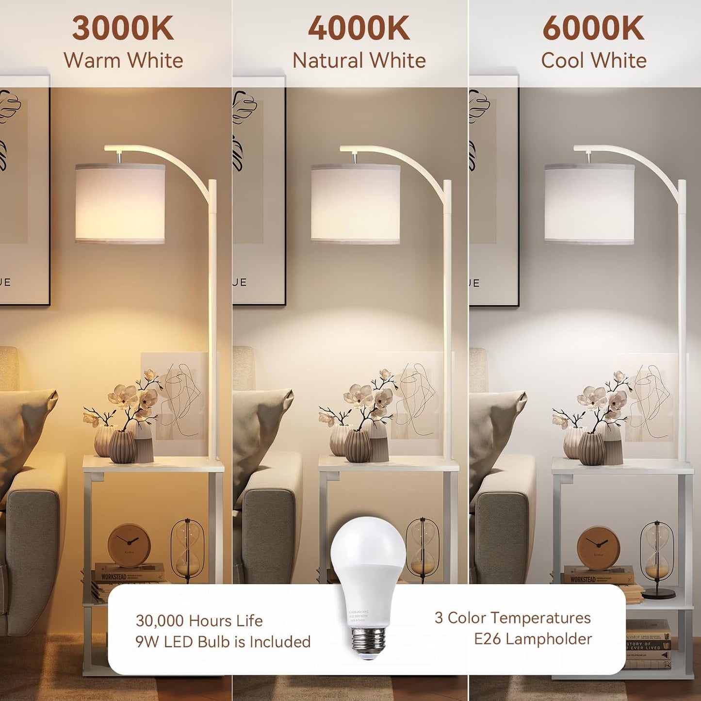 SUNMORY Floor Lamp with Table, End Table for Living Room with Lamp, Shelves Side Table with Charging Station(USB & AC Port), 3 Color Temperature LED Bulb, Modern Nightstand Lamp for Bedroom, Office