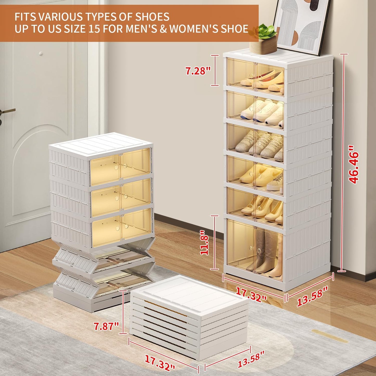 6 Tier Foldable Shoe Rack Organizer for Closet 6-12Pairs Plastic Collapsible Shoe Racks Shelf Stackable Clear Folding Shoes Storage boxes for Small Spaces Narrow Shoe Storage Cabinet