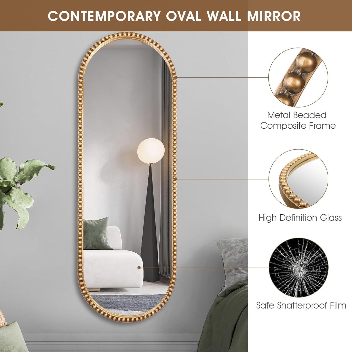 Oval Full Length Mirror, 20"x53" Metal Beaded Frame Large Hanging Dressing Floor Mirror for Bedroom, Living Room, Entryway, Antique Gold (No Stand)