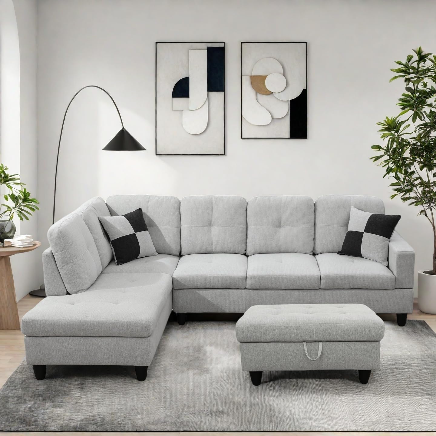 Modern Living Room Furniture Sets with Pillows, Modular Sectional Couches with Chaise Lounge, 4-Seaters L Shape Sofa with Storage Ottoman, for Living Room, Light Grey