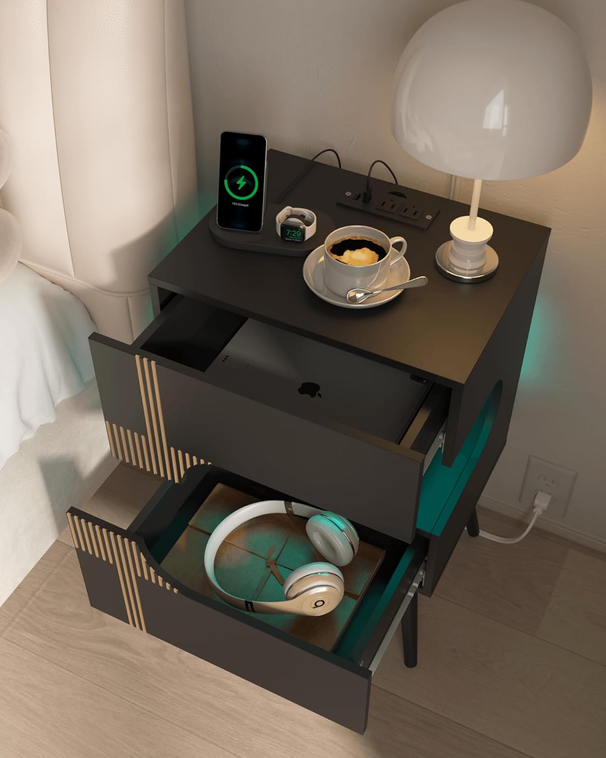 Black Nightstand with Charging Station and LED Lights,Modern Bedside Table with 2 Storage Drawer,Night Stand with Solid Wood Legs,White (Black-2)