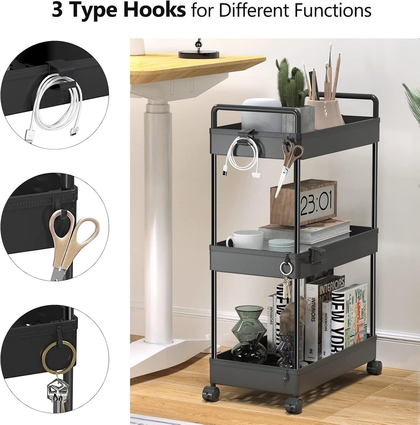 SOLEJAZZ 3 Tier Rolling Storage Cart with Wheels Slim Craft Nail Makeup Snack Art Baby Utility Cart Organizer on 2 Lockable Wheels for Bathroom Laundry Room Kitchen Bedside Narrow Spaces, Black