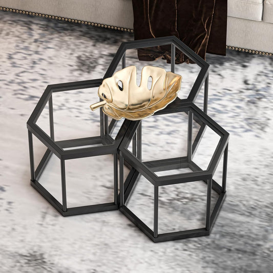 Coffee Table Glass Modern Coffee Table, Hexagon Free Combination Glass Center Table Small End Tables with Metal Frame for Living Room Set of 3