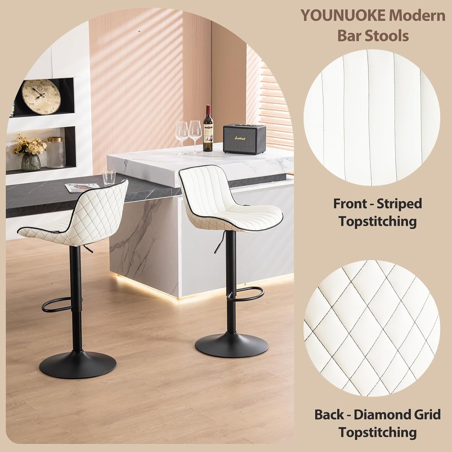 YOUNUOKE Bar Stools Set of 2, Adjustable Swivel Counter Height Chairs with Back, White PU Leather Upholstered Barstools for Kitchen Island Home Bar