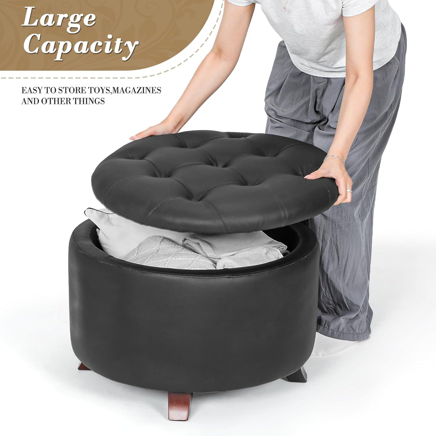 Athena Collection 24.5 Inch Small Ottoman with Storage, Round PU Leather Storage Ottoman Foot Rest with Removable Lid, Multipurpose Footstool Footrest for Livingroom, Bedroom, Dorm, Black