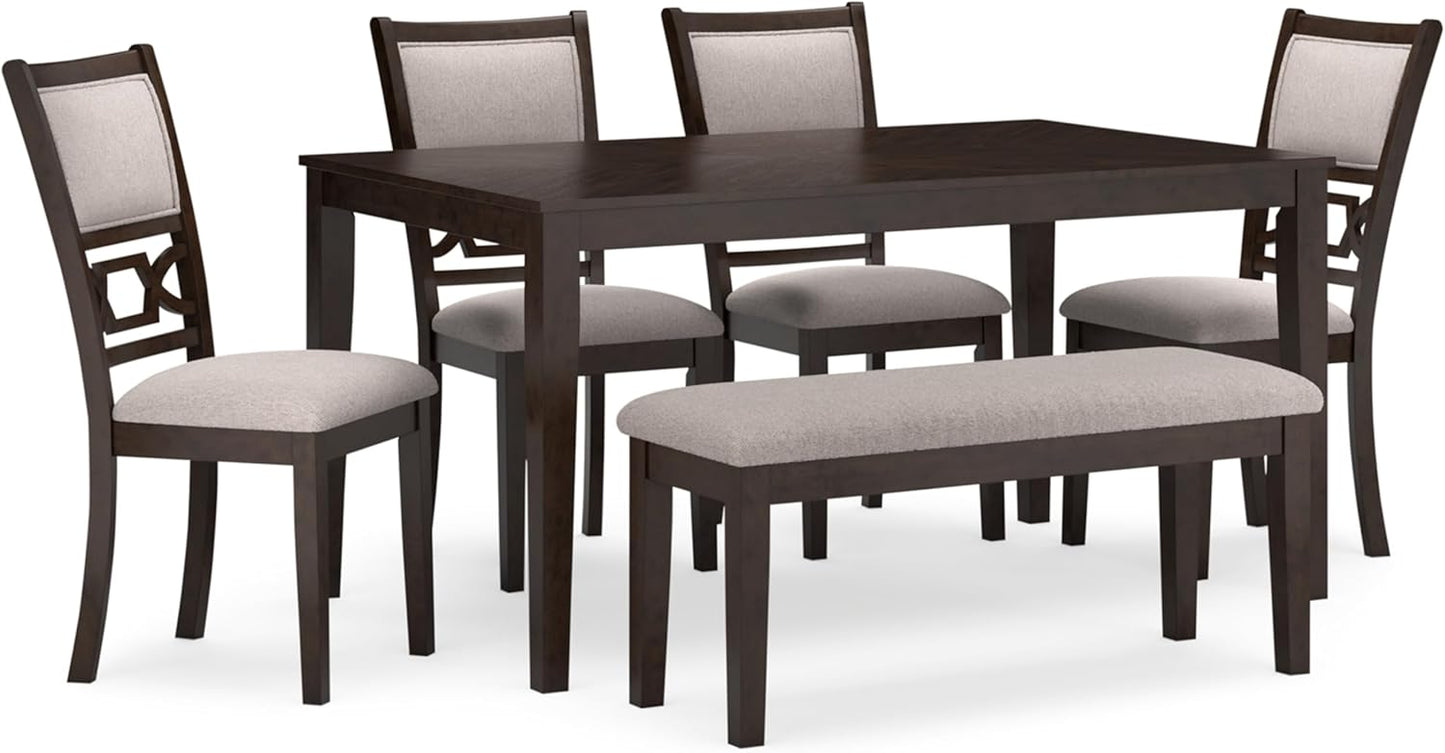 Signature Design by Ashley Langwest Transitional Diamond Patterned Dining Table with 4 Upholstered Chairs and Bench, Set of 6, Dark Brown & Beige