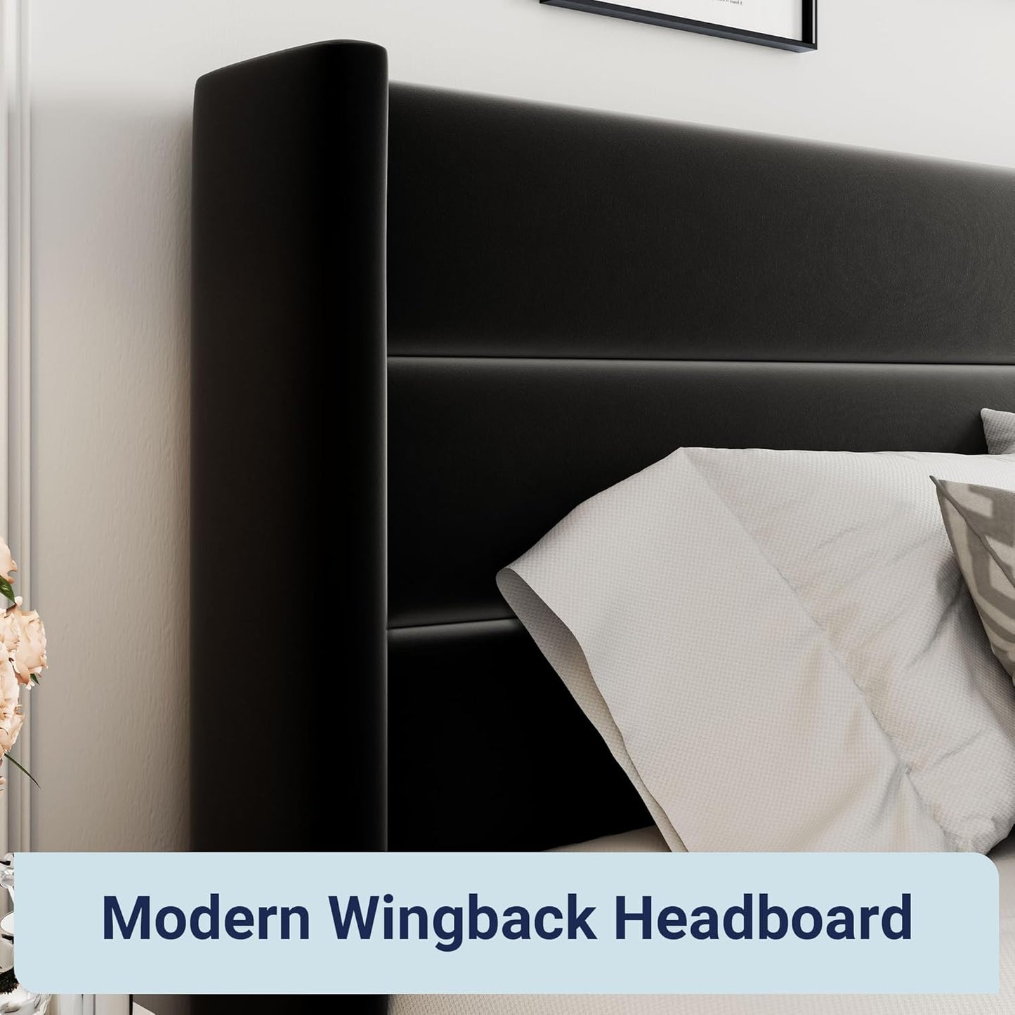 Allewie King Size Velvet Lift Up Storage Bed, Modern Wingback Headboard, Hydraulic Support, No Box Spring Needed, Black